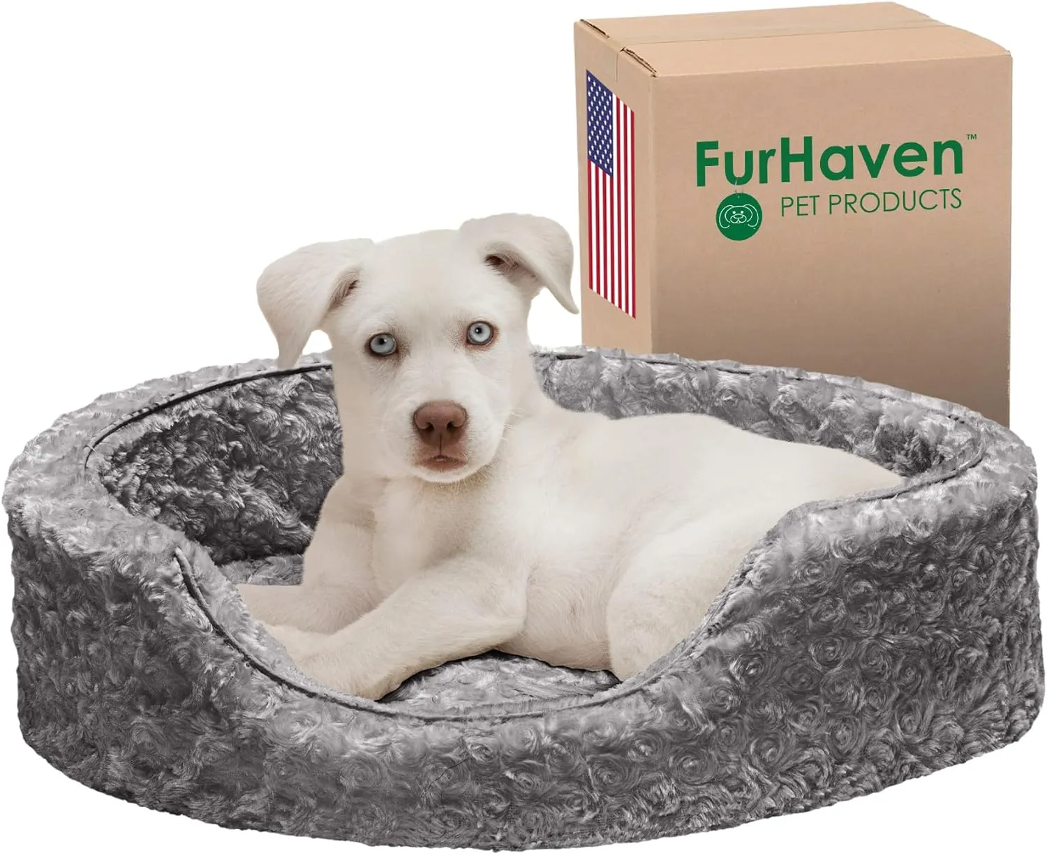 Furhaven Dog Bed for Small Dogs w/ Removable Washable Cover & Pillow Cushion Insert, For Dogs Up to 12 lbs - Ultra Plush Faux Fur Oval Lounger - Gray, Small