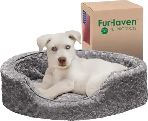 Furhaven Dog Bed for Small Dogs w/ Removable Washable Cover & Pillow Cushion Insert, For Dogs Up to 12 lbs - Ultra Plush Faux Fur Oval Lounger - Gray, Small