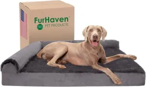 Furhaven Memory Foam Dog Bed for Large Dogs w/ Removable Bolsters & Washable Cover, For Dogs Up to 125 lbs - Plush & Velvet L Shaped Chaise - Platinum Gray, Jumbo Plus/XXL