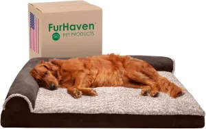 Furhaven Memory Foam Dog Bed for Large Dogs w/ Removable Bolsters & Washable Cover, For Dogs Up to 95 lbs - Two-Tone Plush Faux Fur & Suede L Shaped Chaise - Espresso, Jumbo/XL