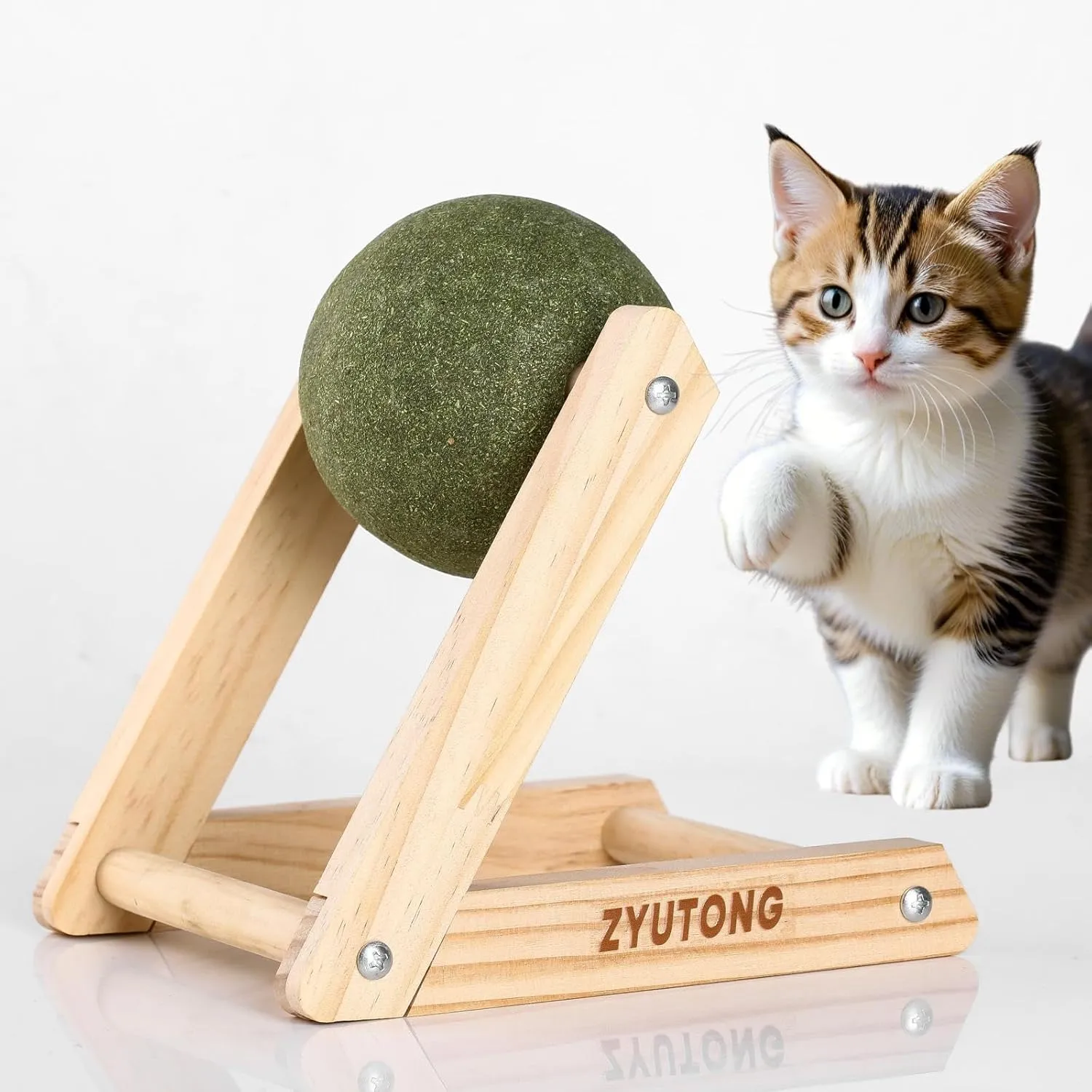 Giant Catnip Ball with Wood Stand - Interactive Cat Toy with Bell Inside, Licking, Spinning, Enrichment, Relaxation
