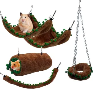 Hamiledyi 5pcs Hamster Hammock Bed & Hanging Tunnel Set, Small Animal Cage Accessories with Multi-Functional Hideout for Dwarf Hamsters, Sugar Gliders, Gerbils to Sleep, Play, Climb