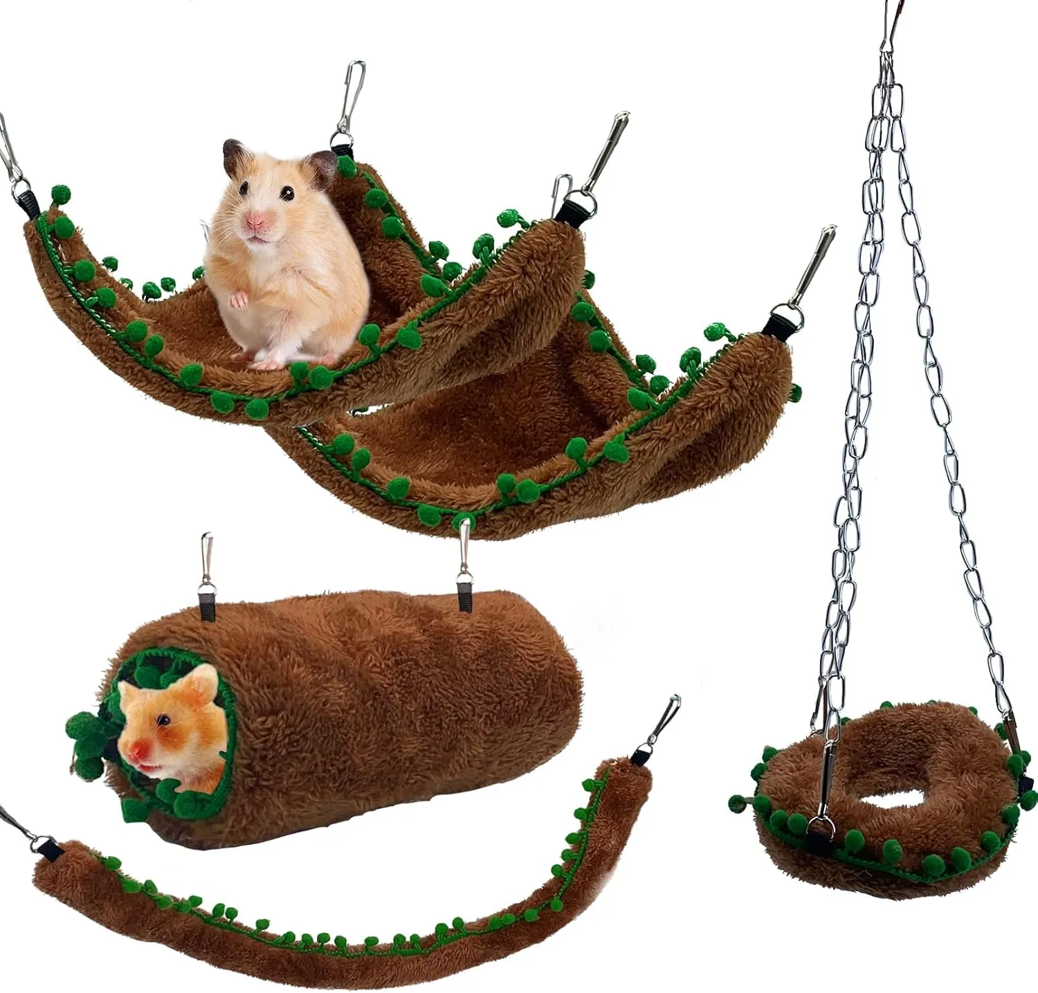 Hamiledyi 5pcs Hamster Hammock Bed & Hanging Tunnel Set, Small Animal Cage Accessories with Multi-Functional Hideout for Dwarf Hamsters, Sugar Gliders, Gerbils to Sleep, Play, Climb