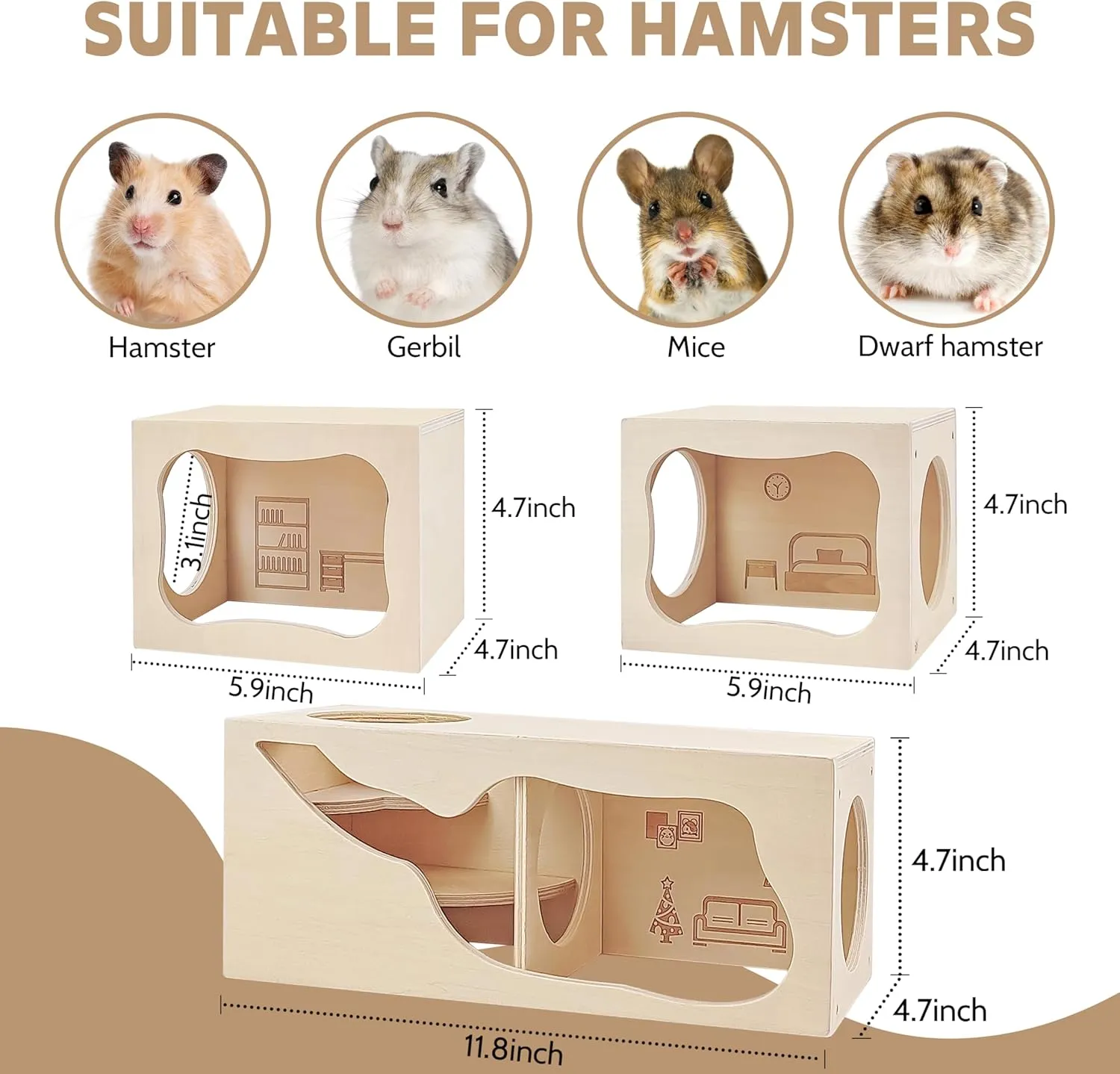 Hamster Hideout Wooden Multi Chamber Habitat for Small Animals. Ideal for Syrian, Dwarf Hamsters, Gerbils, Hedgehogs, Rats & Mice