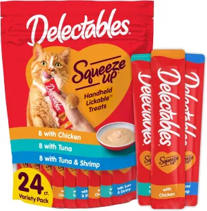 Hartz Delectables Squeeze Up Interactive Lickable Wet Cat Treats for Adult & Senior Cats, Tuna & Shrimp, 24 Count, 12 ounces