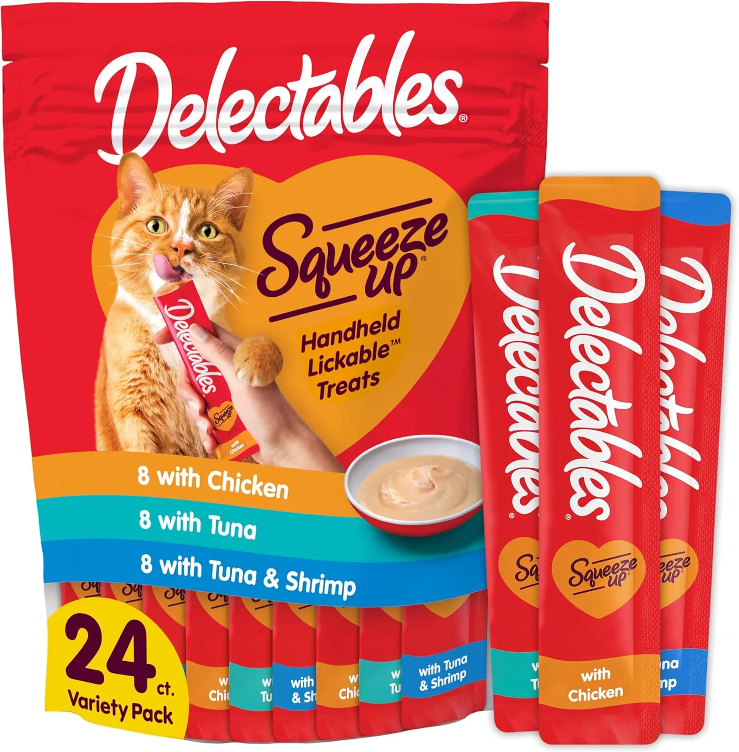 Hartz Delectables Squeeze Up Interactive Lickable Wet Cat Treats for Adult & Senior Cats, Tuna & Shrimp, 24 Count, 12 ounces