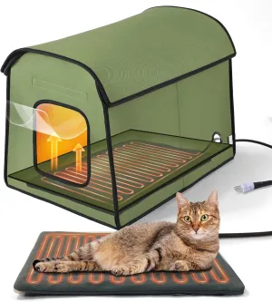 Heated Cat Houses for Outdoor Cats, Waterproof Insulated Cat House Outdoor, Warm & Durable Kitty Shelter for Community Feral Cats, Strays, Dogs, Small Animals, Easy to Assemble, 21.3x15x16.1 in, Green
