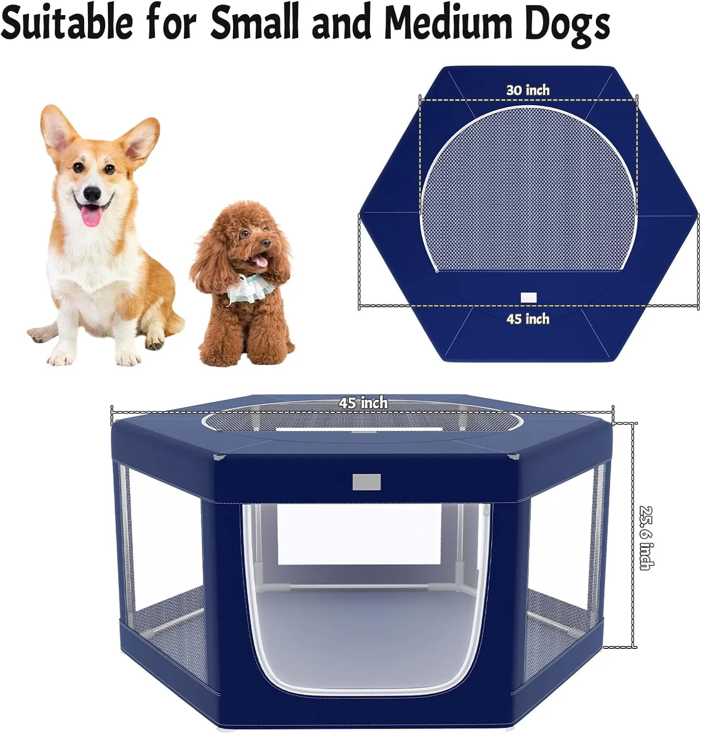 Hexagonal Dog playpen, 45Inch Soft Puppy Playpen with 600D Oxford Fabric, Stable Structure with Thickend Stainless Steel Tubes, 25.6 Inch Height Pet Playpen for Small and Medium