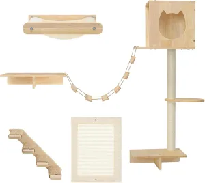 HOOBRO Wood Cat Wall Shelves, Set of 5 Modern Cat Wall Furniture with Corridor, Plush Hammock, Steps, Scratcher and Climbing Shelves for Playing, Sturdy, Durable and Safe, Natural NL45CS03
