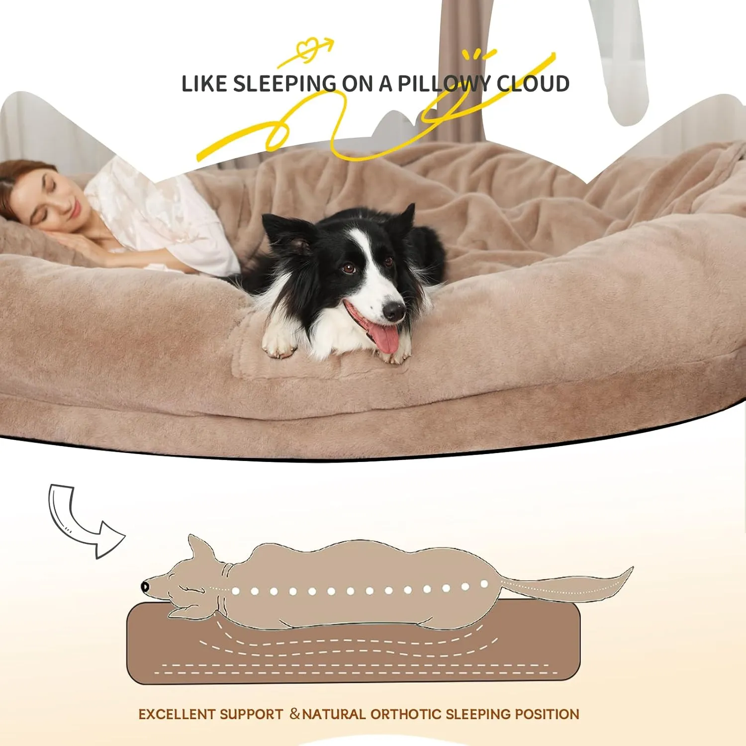 Human Dog Bed - 70"x33"x12" Washable Faux Fur Orthopedic Bed for Adults & Kids, Includes Soft Blanket & Pillow - Khaki