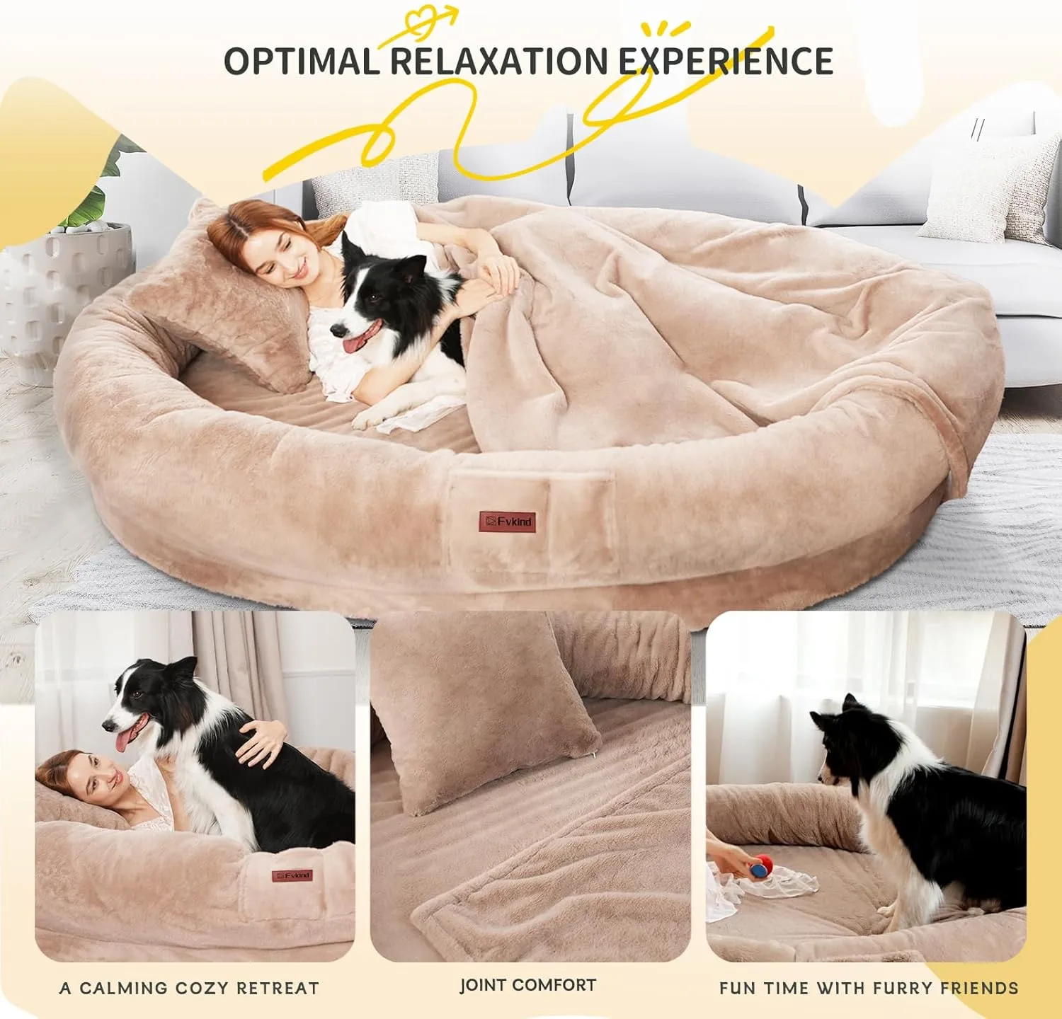 Human Dog Bed - 70"x33"x12" Washable Faux Fur Orthopedic Bed for Adults & Kids, Includes Soft Blanket & Pillow - Khaki