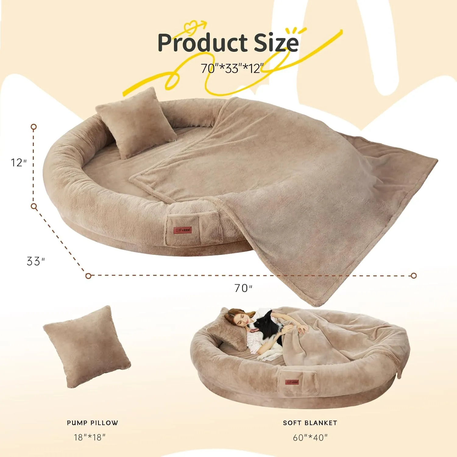Human Dog Bed - 70"x33"x12" Washable Faux Fur Orthopedic Bed for Adults & Kids, Includes Soft Blanket & Pillow - Khaki
