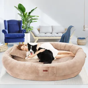 Human Dog Bed - 70"x33"x12" Washable Faux Fur Orthopedic Bed for Adults & Kids, Includes Soft Blanket & Pillow - Khaki