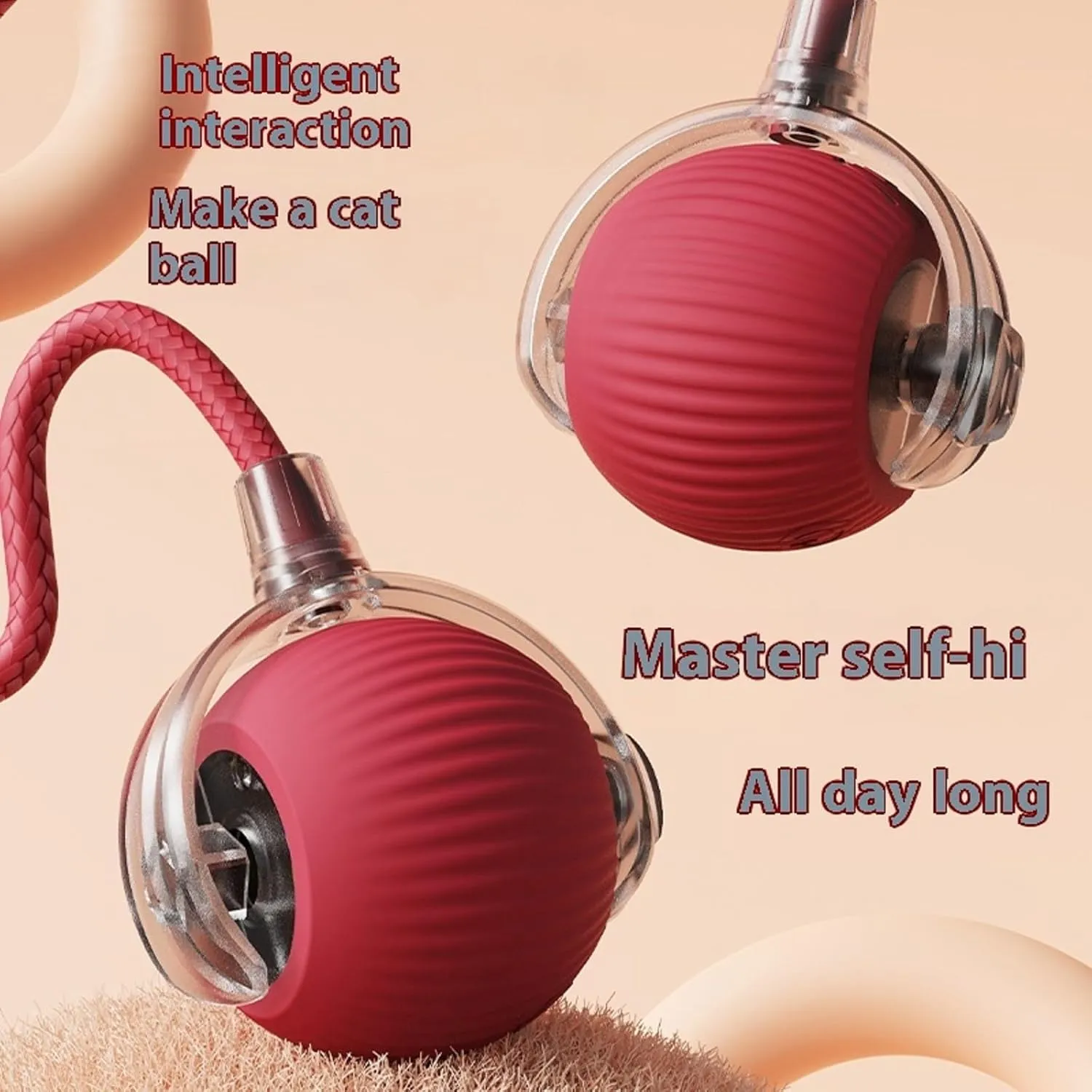 Interactive Cat Toy Ball 2025, Smart Automatic Rolling Ball for Indoor Cats, Fast Moving Mouse Cord Design, Self-Rolling Cat Toy on Carpet, Fun Gift for Kittens & Cats (Red)