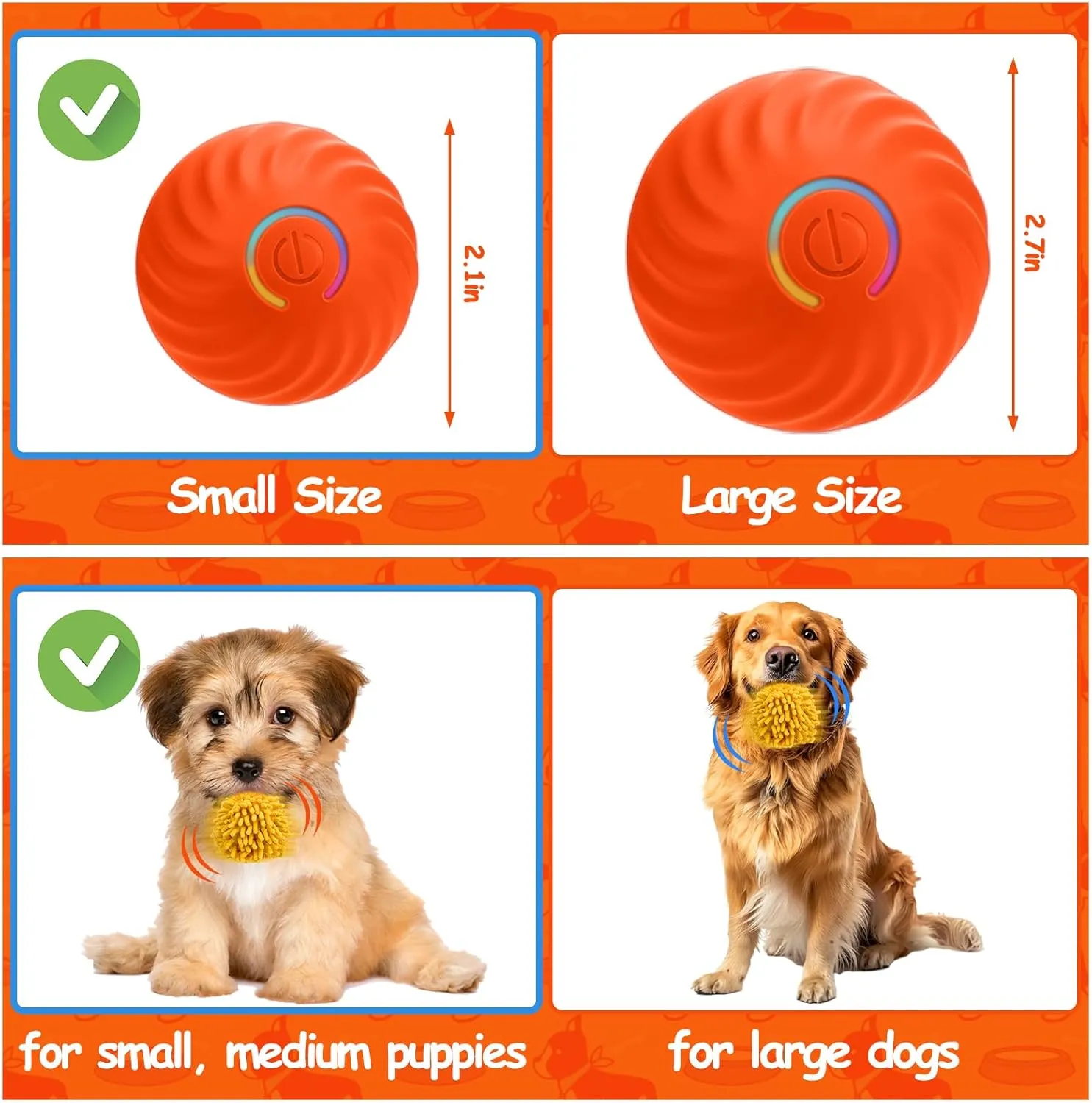 Interactive Dog Toys - Self Rolling Dog Ball with Anti-Chewer Cover for Small/Medium Puppy, Active Motion Activated Toys That Move on its Own, Orange