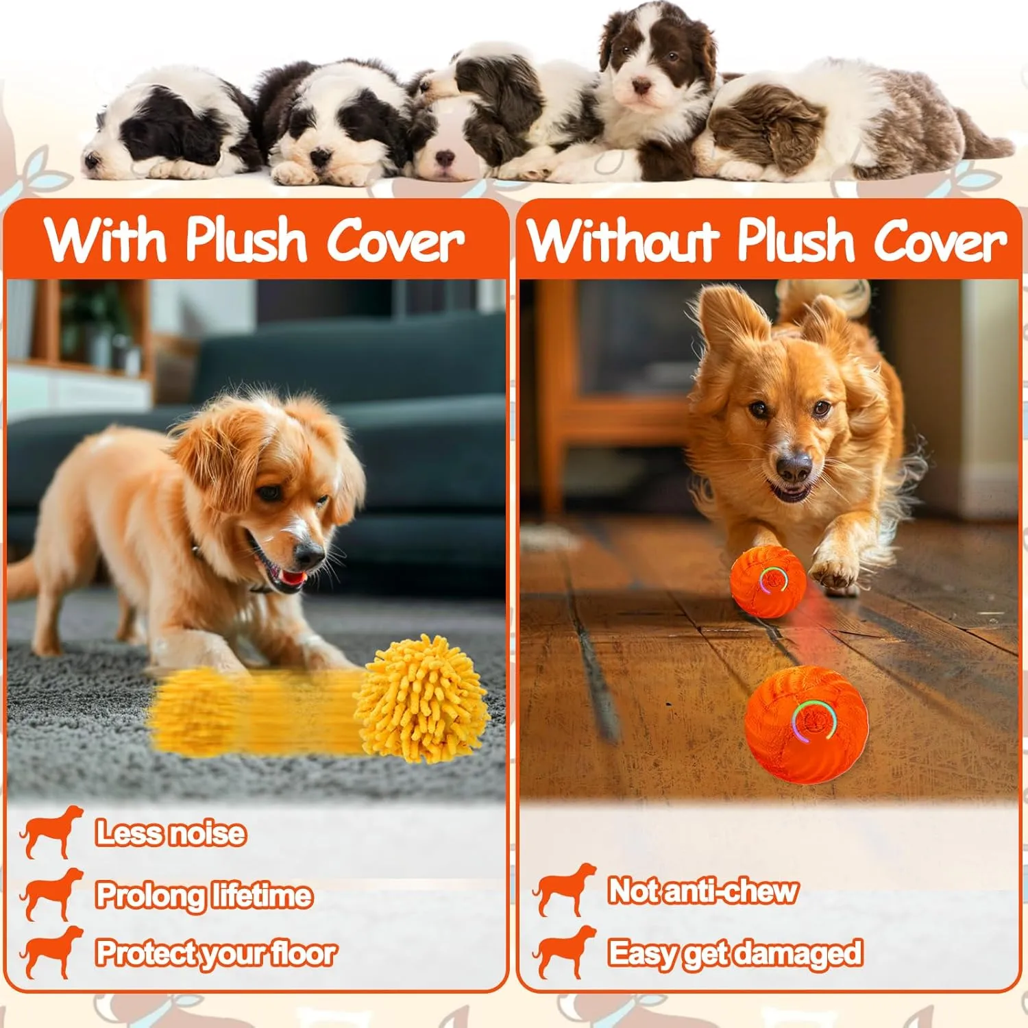 Interactive Dog Toys - Self Rolling Dog Ball with Anti-Chewer Cover for Small/Medium Puppy, Active Motion Activated Toys That Move on its Own, Orange