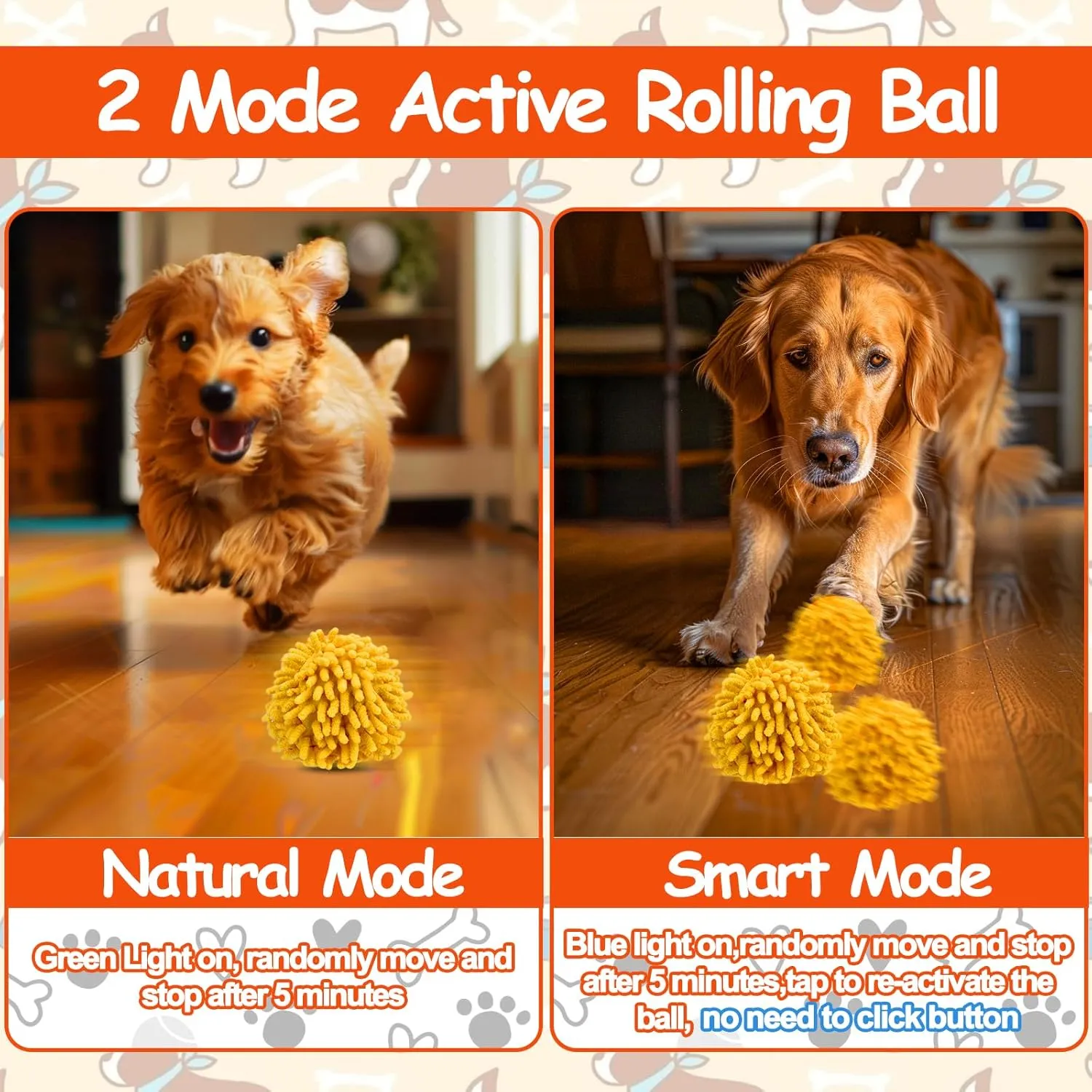 Interactive Dog Toys - Self Rolling Dog Ball with Anti-Chewer Cover for Small/Medium Puppy, Active Motion Activated Toys That Move on its Own, Orange