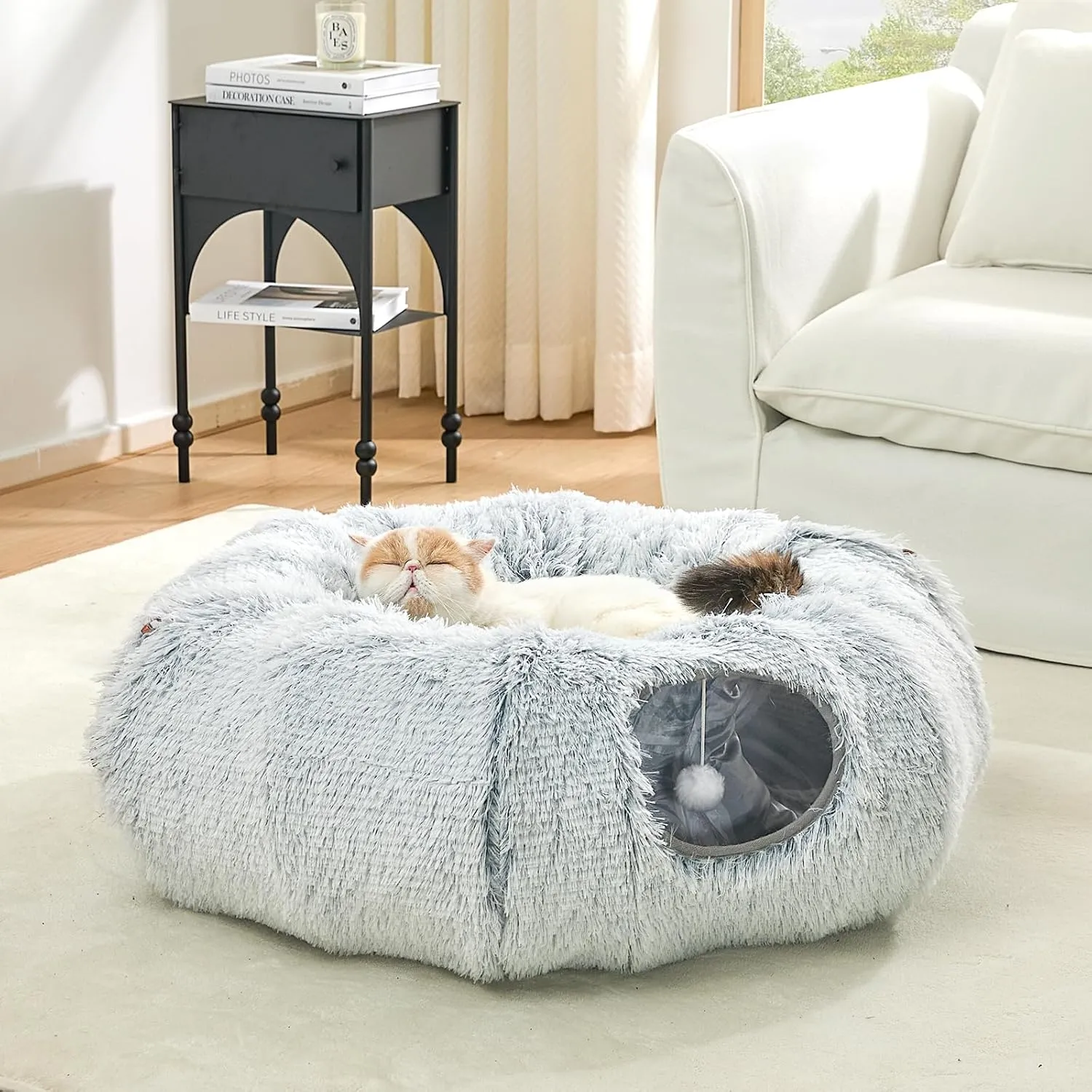 JIUPETY Cat Tunnel Bed with Soft Plush Mat, Collapsible Tube Playground, Cat Toy Tunnel for Indoor Cats, Kitten, Rabbit, Ferret, Fluffy Plush Material, Includes Dangling Balls, Light Grey