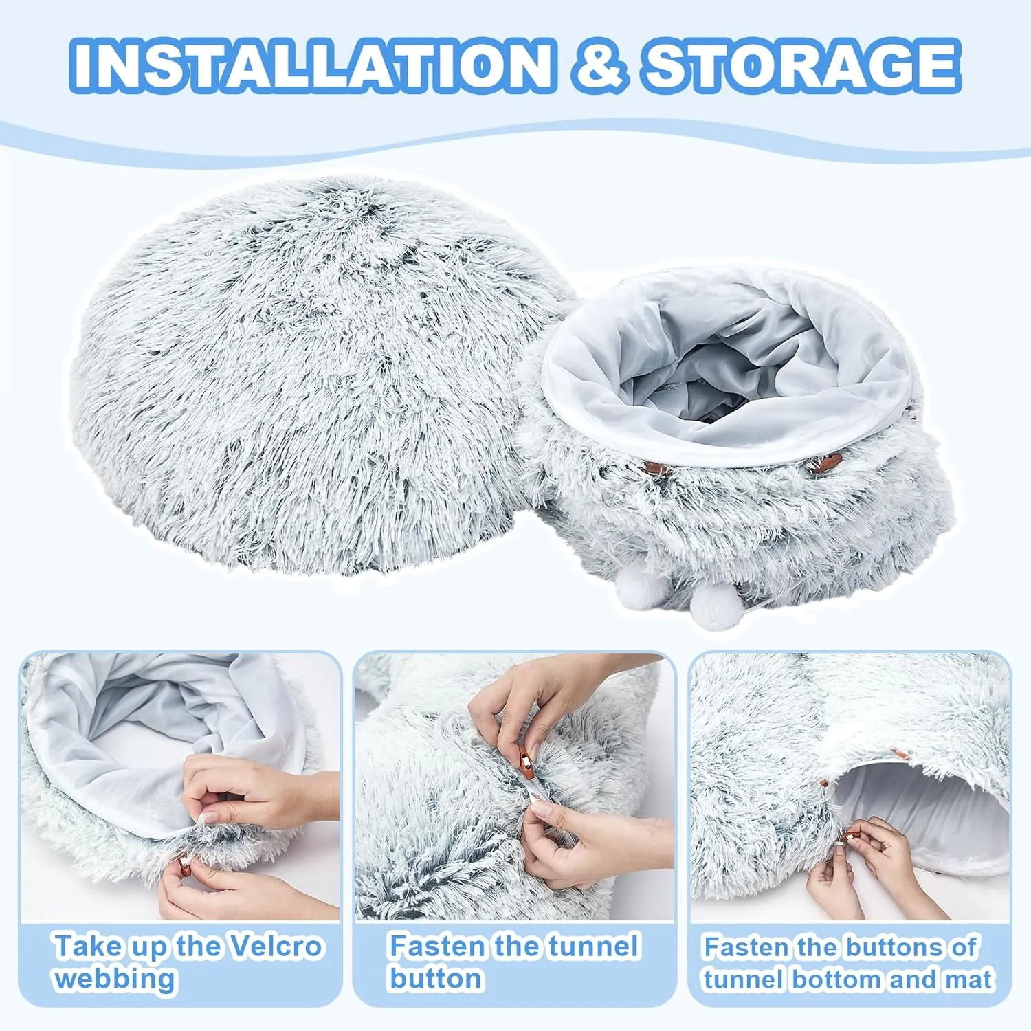 JIUPETY Cat Tunnel Bed with Soft Plush Mat, Collapsible Tube Playground, Cat Toy Tunnel for Indoor Cats, Kitten, Rabbit, Ferret, Fluffy Plush Material, Includes Dangling Balls, Light Grey