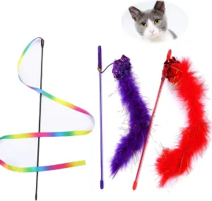 KABASI Cat Wand and Rainbow Toy, 2Pcs Interactive Teaser Feather with Sound Paper and 1Pcs Rainbow Ribbon Wand for Kitten Cat Having Fun Exerciser Playing