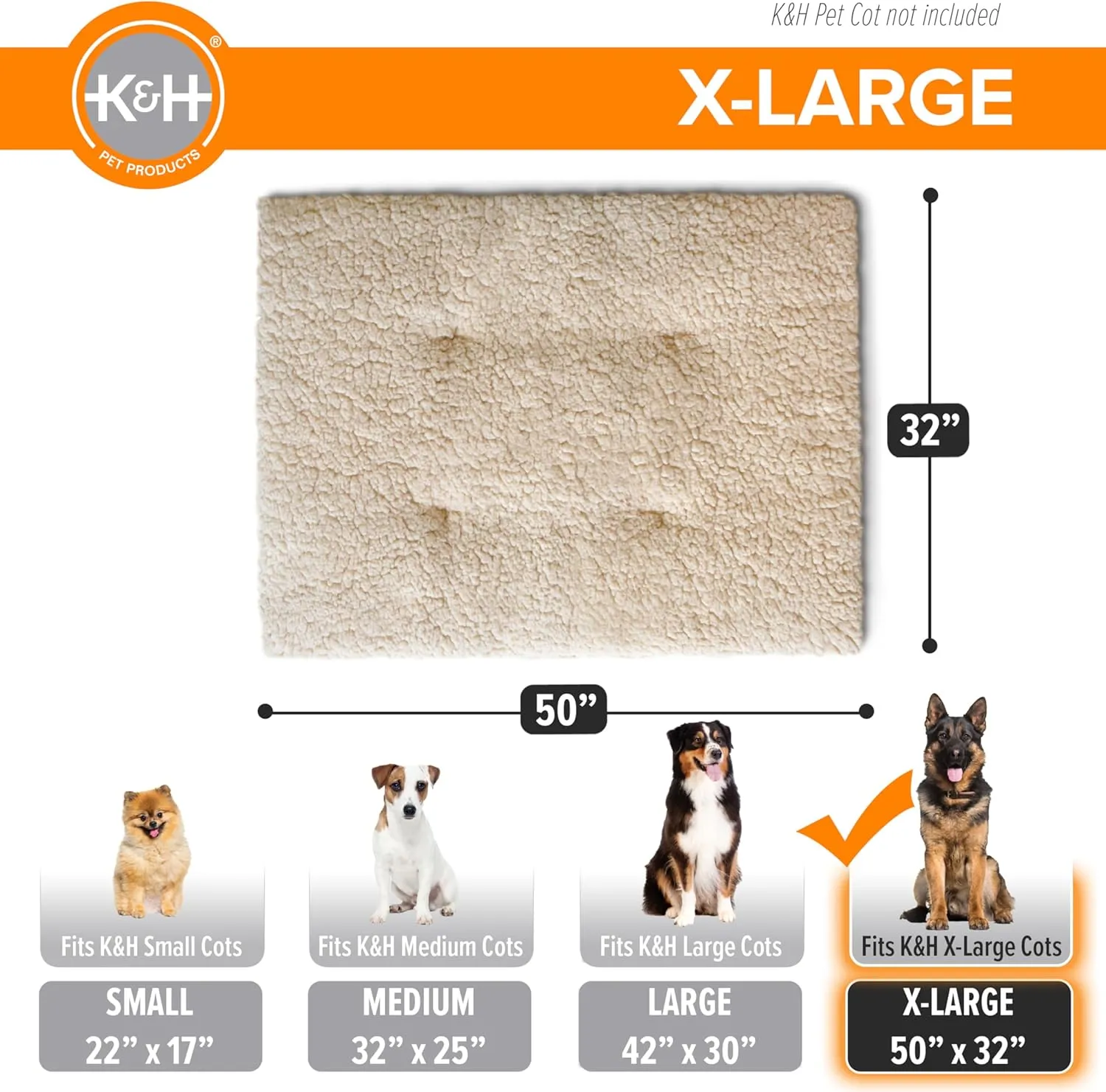 K&H Pet Products Dog Cot Pad (Cot Sold Separately), Pillow-Top Comfort Bed for K&H XL Elevated Dog Beds, Soft & Fluffy, Secure Fit Straps, Machine Washable, Portable - Extra-Large 50 X 32 Tan Fleece