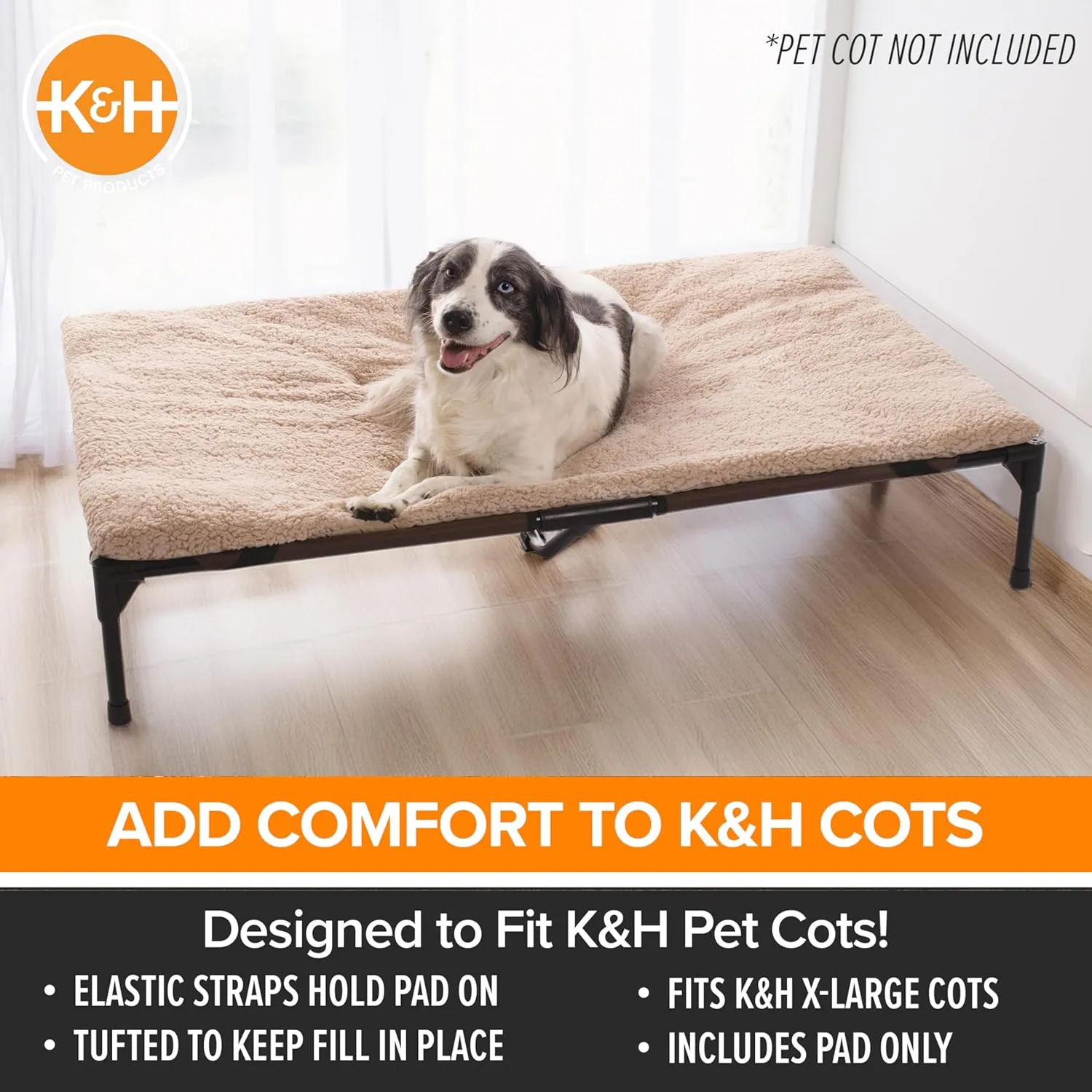 K&H Pet Products Dog Cot Pad (Cot Sold Separately), Pillow-Top Comfort Bed for K&H XL Elevated Dog Beds, Soft & Fluffy, Secure Fit Straps, Machine Washable, Portable - Extra-Large 50 X 32 Tan Fleece