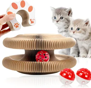 Kitty Kurlz Magic Organ Cat Scratcher Board Foldable Accordion Cats Toy Magic Organ Cat Scratch Board with Bell Balls and Track Adventure (Brown)