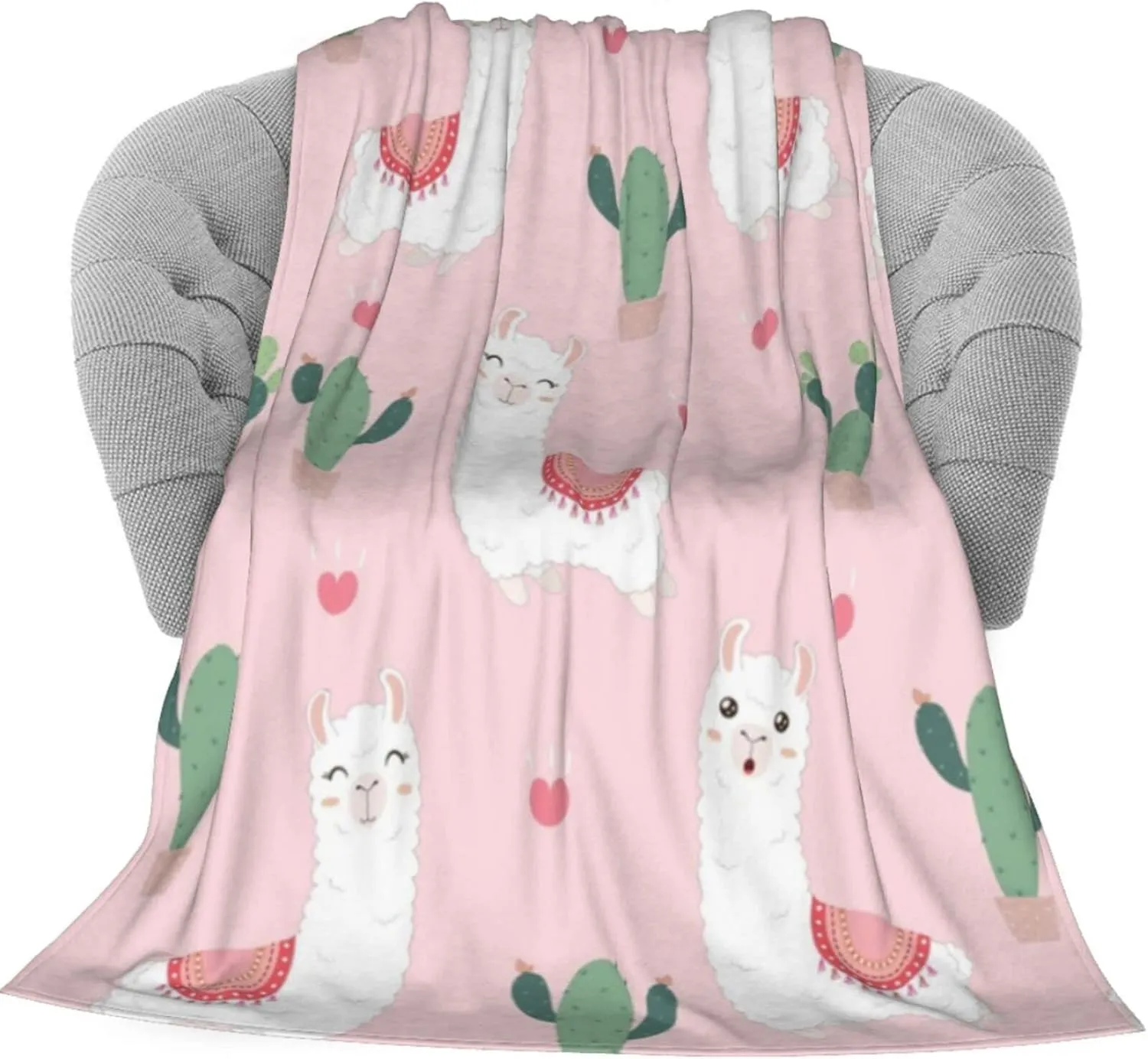 KiuLoam Cute Llama with Cactus Soft Throw Blanket 40"x50" Lightweight Flannel Fleece Blanket for Living Room Bedroom Sofa Couch Warm and Cozy