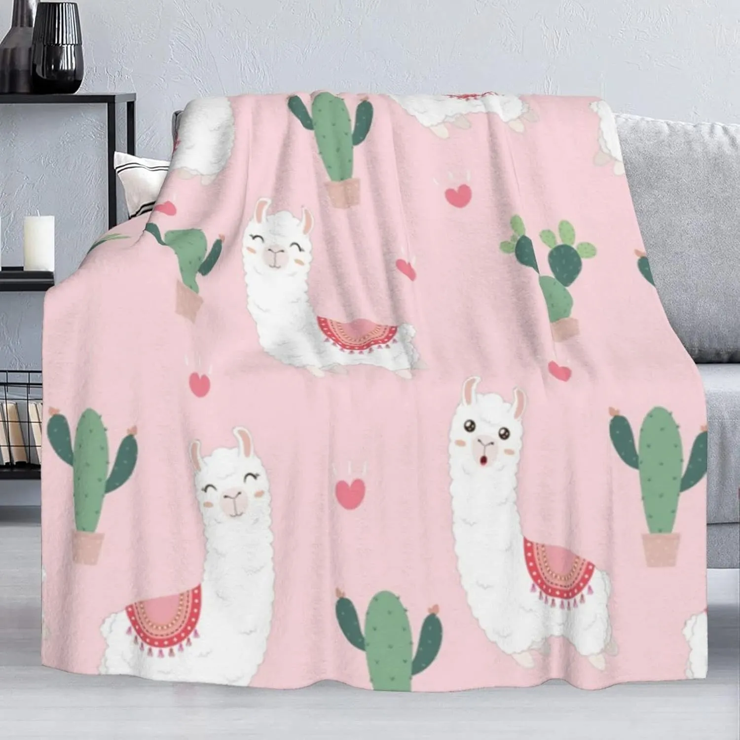 KiuLoam Cute Llama with Cactus Soft Throw Blanket 40"x50" Lightweight Flannel Fleece Blanket for Living Room Bedroom Sofa Couch Warm and Cozy