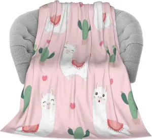 KiuLoam Cute Llama with Cactus Soft Throw Blanket 40"x50" Lightweight Flannel Fleece Blanket for Living Room Bedroom Sofa Couch Warm and Cozy