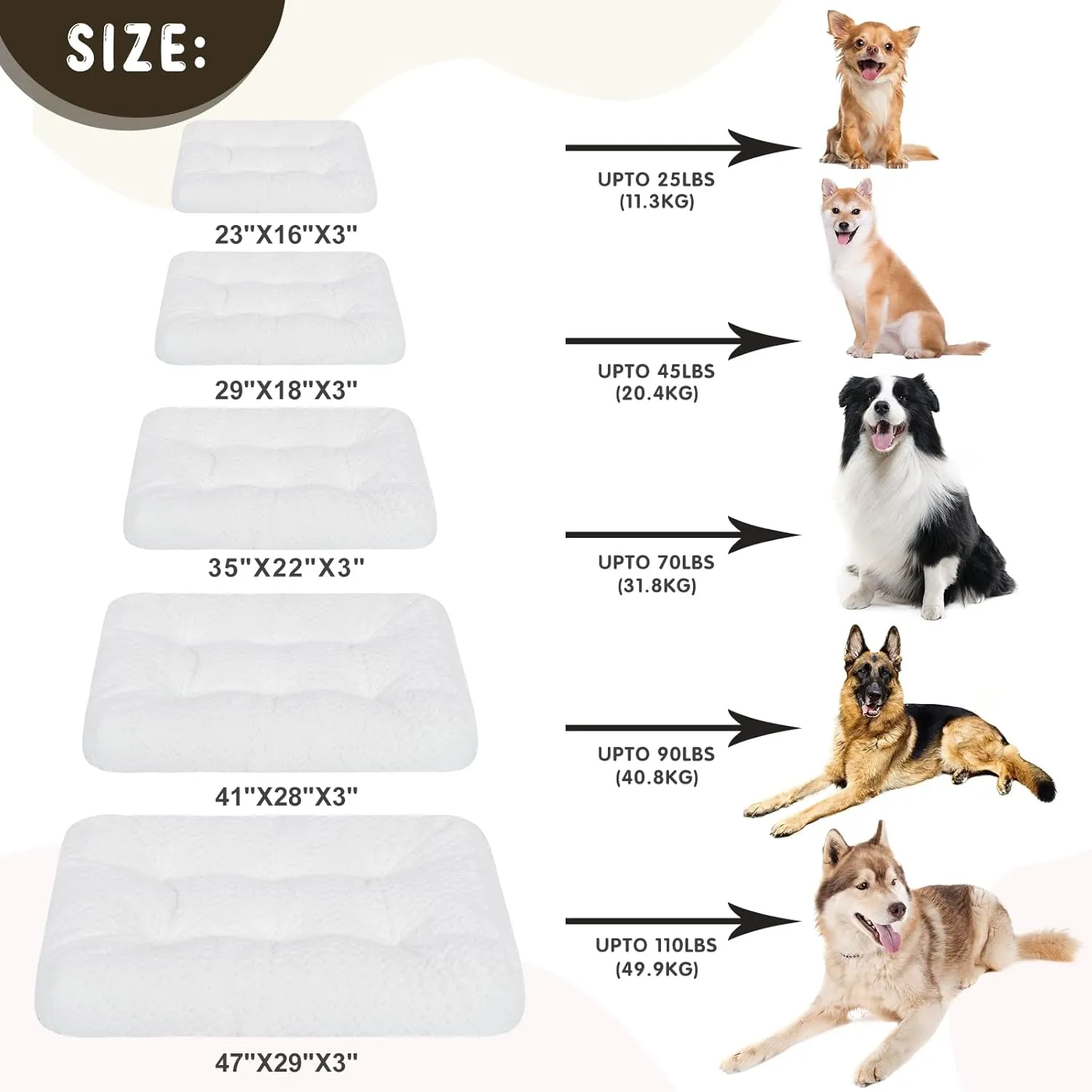 KROSER Deluxe Dog Crate Pad, Machine Washable Pet Cage Mattress Reversible (Cool & Warm), Kennel Bed for Small to Jumbo Dogs, White