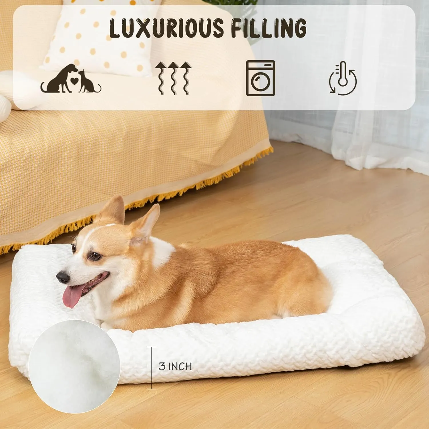 KROSER Deluxe Dog Crate Pad, Machine Washable Pet Cage Mattress Reversible (Cool & Warm), Kennel Bed for Small to Jumbo Dogs, White