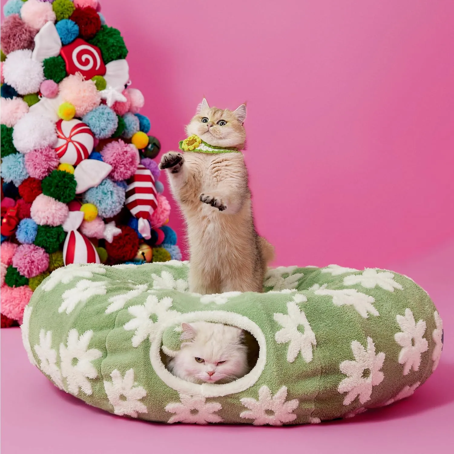 Lesure Cat Tunnel Bed for Indoor Cats - Cute Cat Donut Tunnel Toys with Washable Circle Cushion, Round Pet Peekaboo Cave Toy for Kitten/Puppy/Rabbit, Standard Green