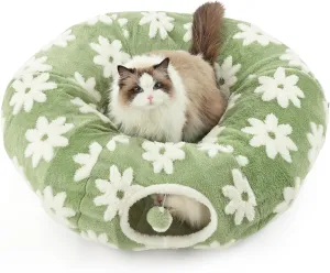 Lesure Cat Tunnel Bed for Indoor Cats - Cute Cat Donut Tunnel Toys with Washable Circle Cushion, Round Pet Peekaboo Cave Toy for Kitten/Puppy/Rabbit, Standard Green