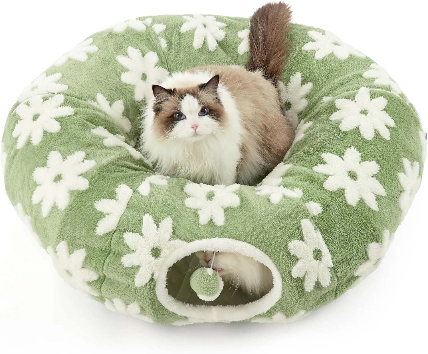 Lesure Cat Tunnel Bed for Indoor Cats - Cute Cat Donut Tunnel Toys with Washable Circle Cushion, Round Pet Peekaboo Cave Toy for Kitten/Puppy/Rabbit, Standard Green