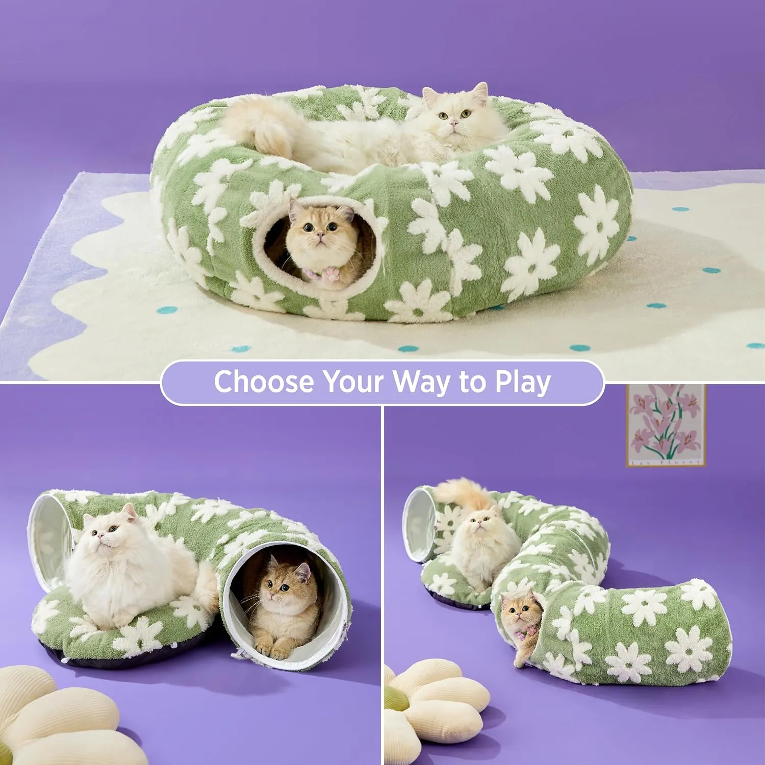Lesure Cat Tunnel Bed for Indoor Cats - Cute Cat Donut Tunnel Toys with Washable Circle Cushion, Round Pet Peekaboo Cave Toy for Kitten/Puppy/Rabbit, Standard Green