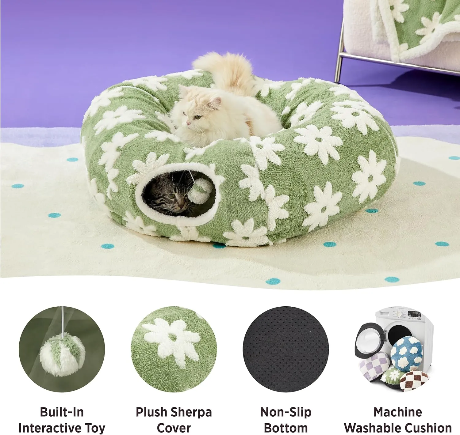 Lesure Cat Tunnel Bed for Indoor Cats - Cute Cat Donut Tunnel Toys with Washable Circle Cushion, Round Pet Peekaboo Cave Toy for Kitten/Puppy/Rabbit, Standard Green