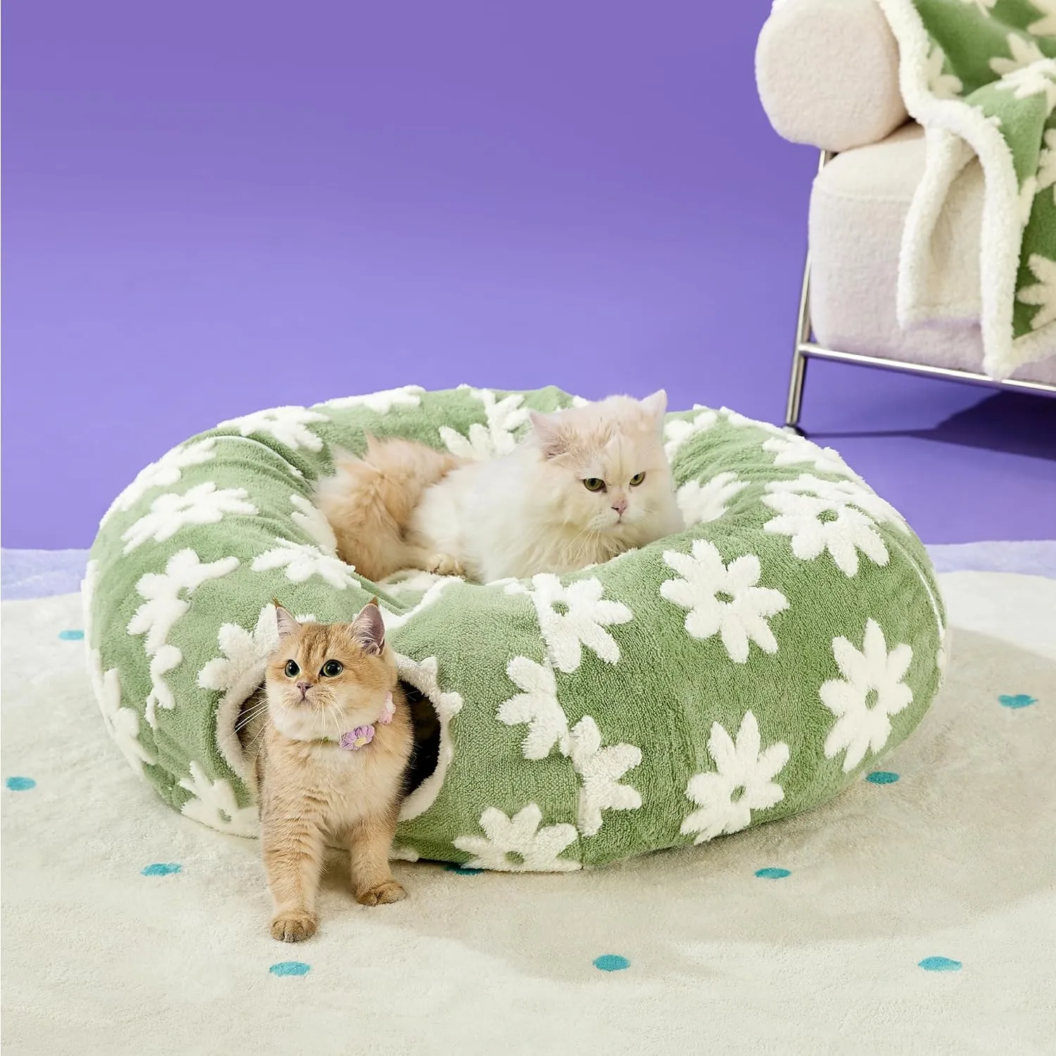 Lesure Cat Tunnel Bed for Indoor Cats - Cute Cat Donut Tunnel Toys with Washable Circle Cushion, Round Pet Peekaboo Cave Toy for Kitten/Puppy/Rabbit, Standard Green