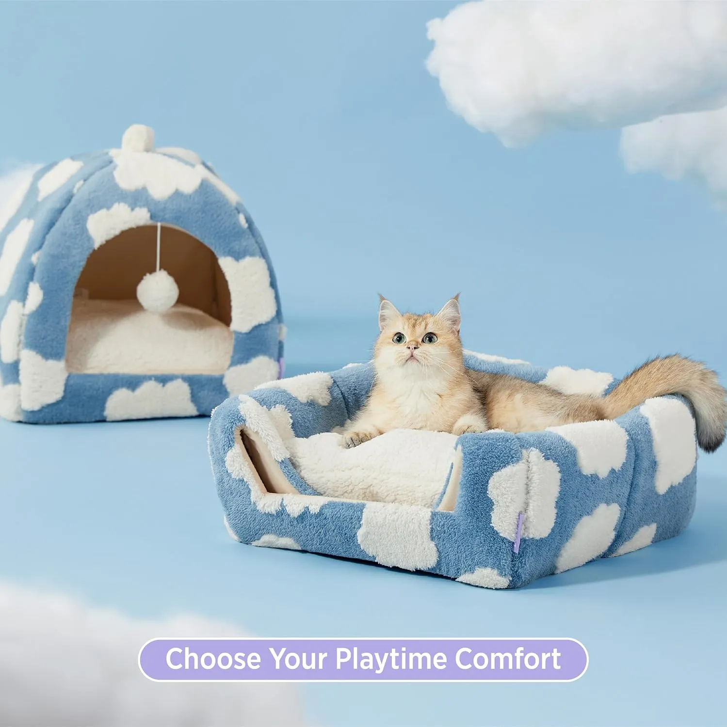 Lesure Cute Cat Beds for Indoor Cats - 2 in 1 Large Cat Cave Bed for Puppy and Small Dog with Removable Washable Cushioned Pillow, Cozy Kitten Tent with Non-Slip Bottom, Blue, 17.3 inches