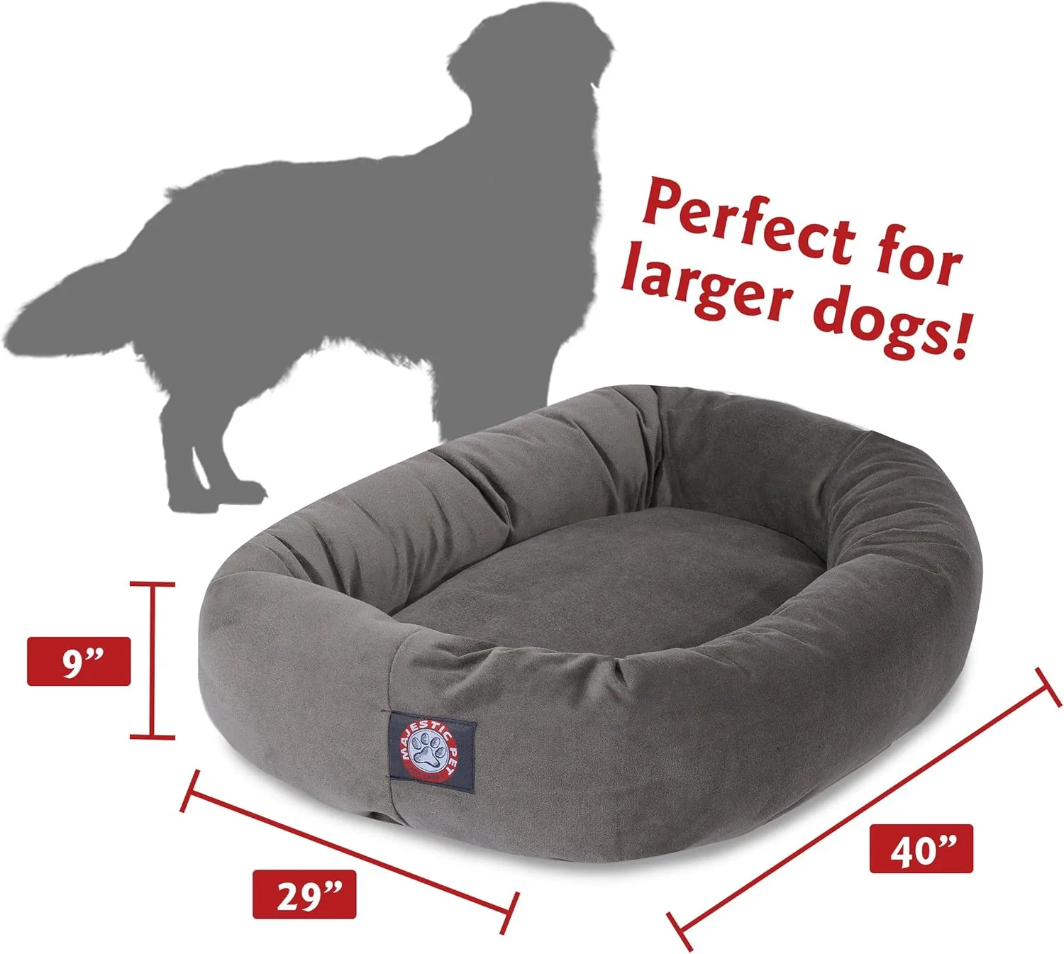 Majestic Pet 40 Inch Suede Calming Dog Bed Washable 40x29x9 (Inch)  Cozy Soft Round Donut Dog Bed with Spine Support for Dogs to Rest Their Head - Pet Bed Large  Gray