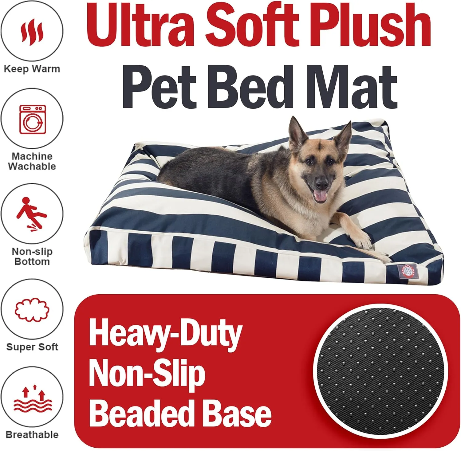 Majestic Pet Stripes Rectangle Large Dog Bed Washable  Non Slip Comfy Pet Bed  Dog Crate Bed with Removable Washable Cover  Dog Kennel Bed for Sleeping, Polyester Fiber, X-Large, Navy Blue
