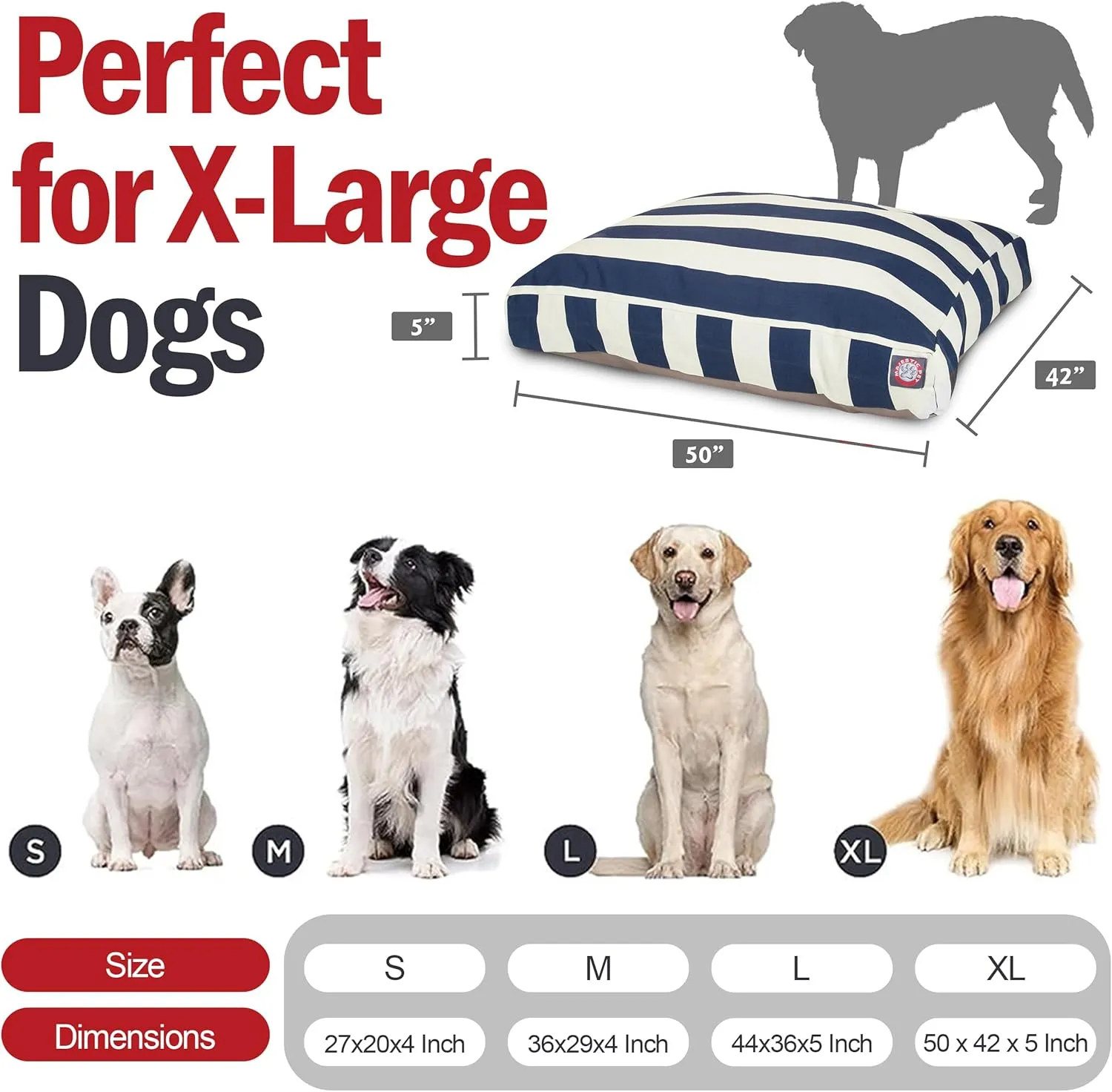 Majestic Pet Stripes Rectangle Large Dog Bed Washable  Non Slip Comfy Pet Bed  Dog Crate Bed with Removable Washable Cover  Dog Kennel Bed for Sleeping, Polyester Fiber, X-Large, Navy Blue