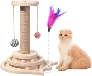 Marchul Cat Scratching Post with Hanging Ball, Kitten Sisal Scratcher Toy with 2 Layer Tracks Spinning Balls, Cat Tracking Interactive Toys for Indoor Cats and Kittens