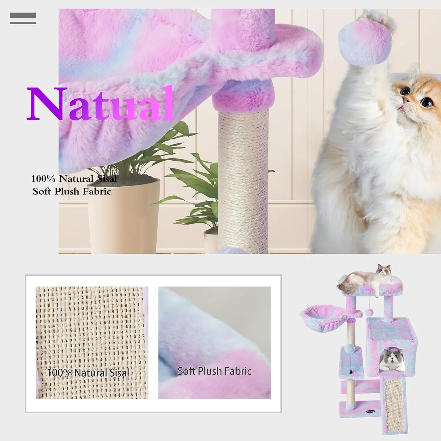 MIAO PAW Rainbow Cute Cat Tree Tower for Indoor Cats Condo with Sisal Scratching Posts Jump Platform Furniture Activity Center Play House Bed