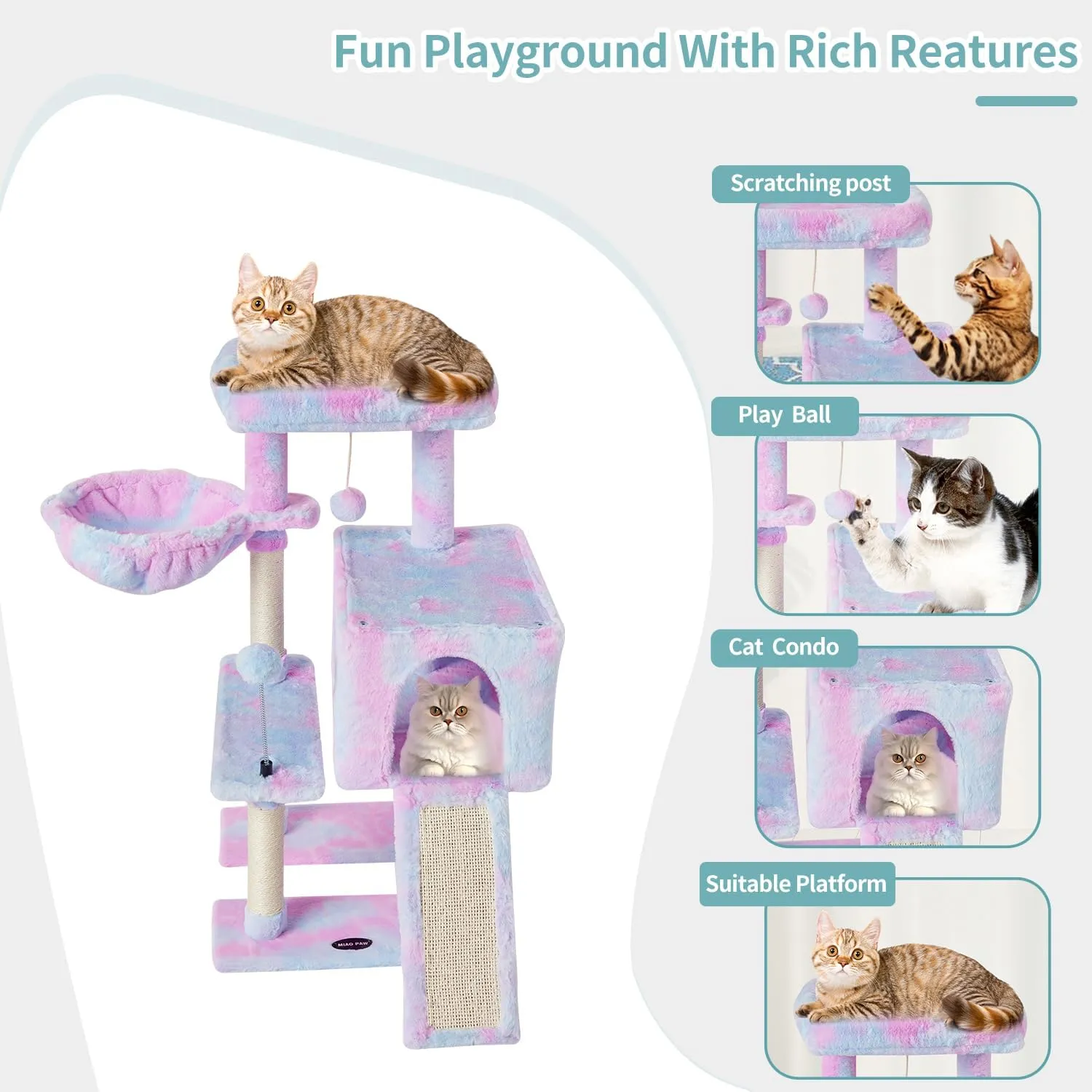 MIAO PAW Rainbow Cute Cat Tree Tower for Indoor Cats Condo with Sisal Scratching Posts Jump Platform Furniture Activity Center Play House Bed