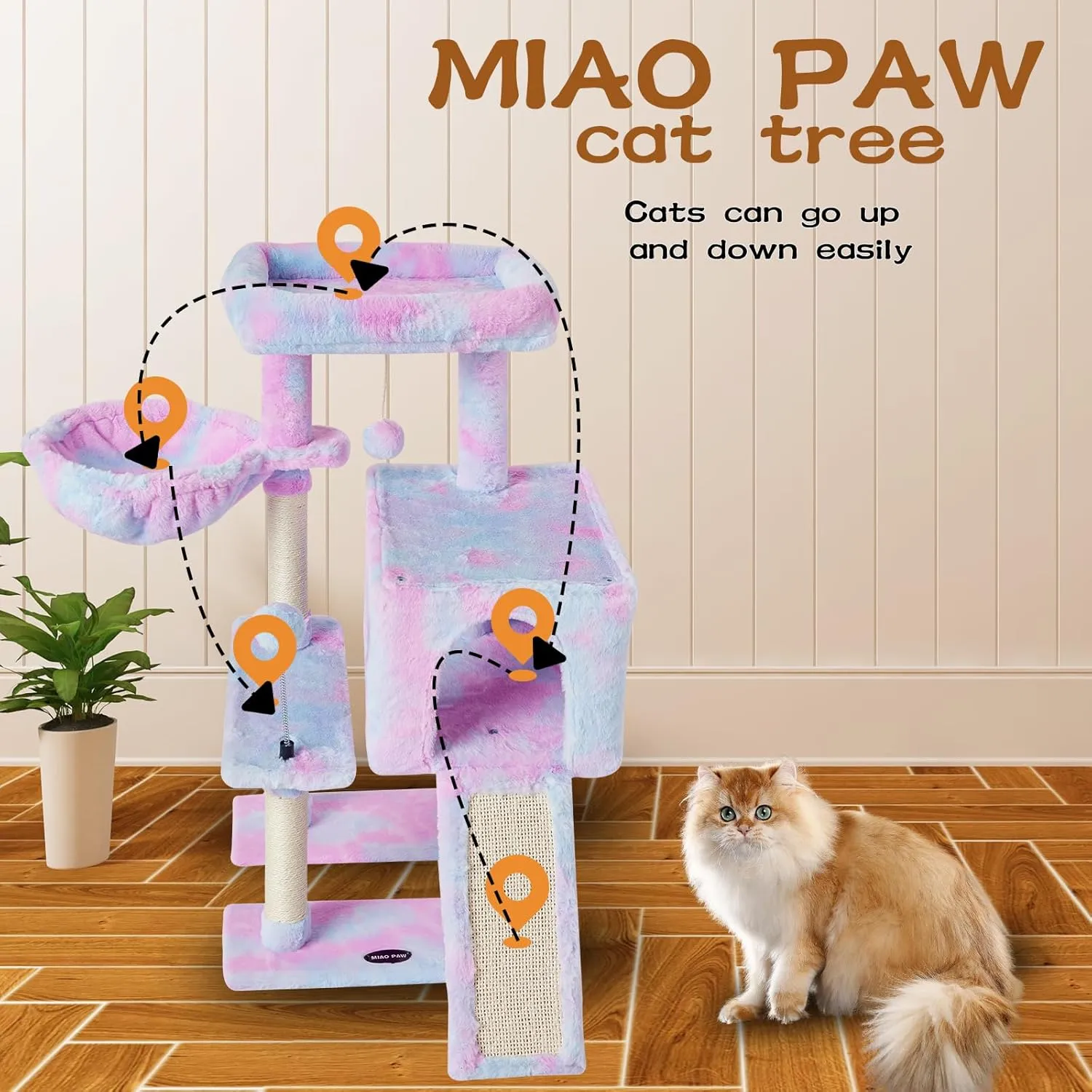MIAO PAW Rainbow Cute Cat Tree Tower for Indoor Cats Condo with Sisal Scratching Posts Jump Platform Furniture Activity Center Play House Bed