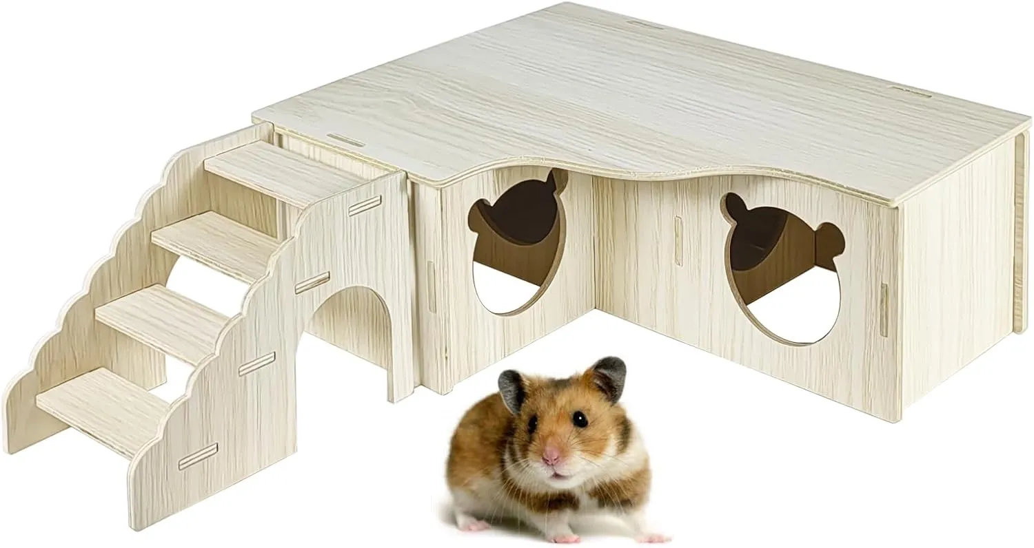 Multi-Chamber Wooden Hamster Hideouts Cages Accessories House Maze Hut Wood Habitats Decor Tunnel Exploring Toys for Syrian Dwarf Gerbils Mice Lemmings Small Animals