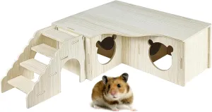 Multi-Chamber Wooden Hamster Hideouts Cages Accessories House Maze Hut Wood Habitats Decor Tunnel Exploring Toys for Syrian Dwarf Gerbils Mice Lemmings Small Animals