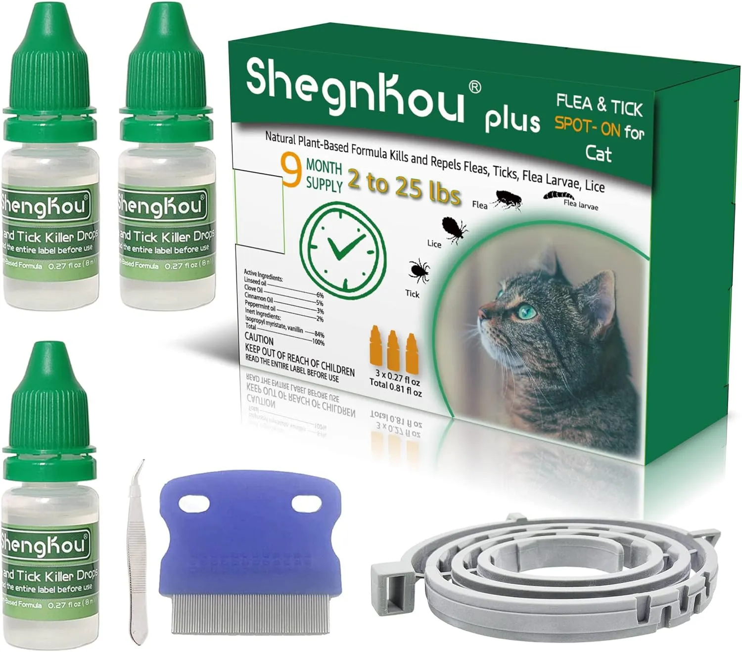 Natural Flea Treatment for Cats (2-25 lbs) | 9-Month Supply with Comb, Tick Tool & Repellent Collar, Vet-Reviewed Formula