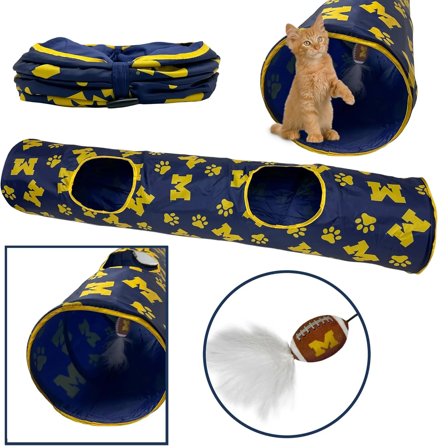 NCAA Michigan Wolverines Cat Tunnel Tube Toy with Plush Football Catnip and Feathers